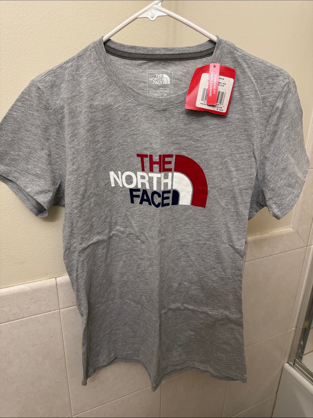 The North Face Grey Tee with Red, Navy & White Logo
